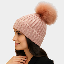 Knitted Fox Fur Pom Pom Winter Beanie Hat